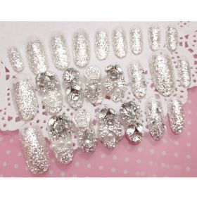 Medium Square Press On Nails,Silver Glitter Fake Nails With Rhinestones And Pearls,Glossy False Nails For Women And Girls,24 Pcs