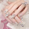 Medium Square Press On Nails,Silver Glitter Fake Nails With Rhinestones And Pearls,Glossy False Nails For Women And Girls,24 Pcs