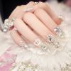 Medium Square Press On Nails,Silver Glitter Fake Nails With Rhinestones And Pearls,Glossy False Nails For Women And Girls,24 Pcs