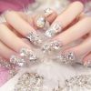 Medium Square Press On Nails,Silver Glitter Fake Nails With Rhinestones And Pearls,Glossy False Nails For Women And Girls,24 Pcs