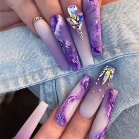 Luxury Purple Rhinestones Full Cover Acrylic False Nails (Color: Purple)